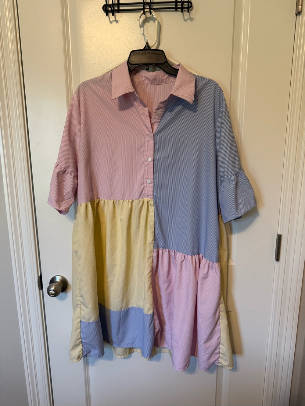 Pastel Colorblock Shirt Dress for Women - Pink, Blue & Yellow